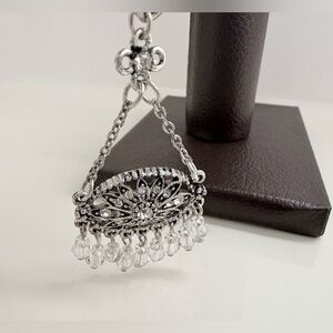 Vintage Silver Tone With Crystal Filigree Pendant Bracelet Clear Bead Fringe 8”